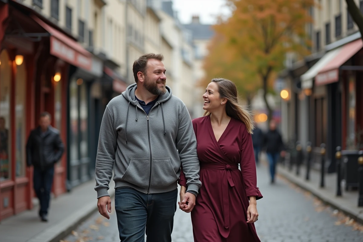 Couple se promenant dans les rues pavées de Paris en automne ambiance complicité