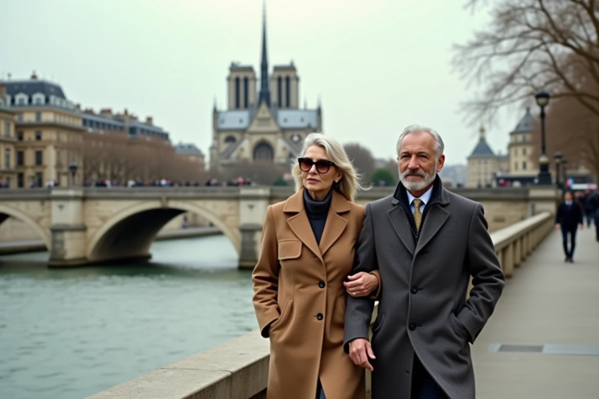 Couple de personnalités françaises se promenant le long de la Seine à Paris avec Notre-Dame en arrière-plan