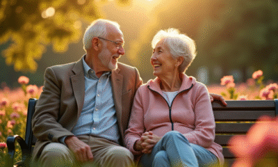 Couple senior assis sur un banc dans le parc avec fleurs et soleil