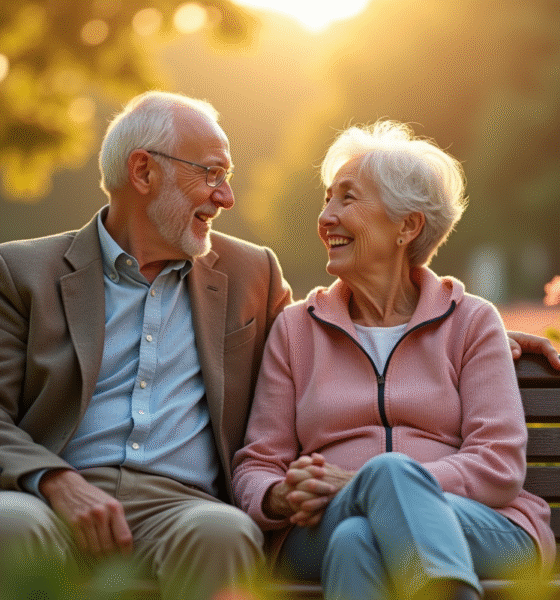 Couple senior assis sur un banc dans le parc avec fleurs et soleil