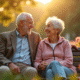Couple senior assis sur un banc dans le parc avec fleurs et soleil