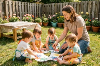 Tout-petits en crèche faisant des empreintes de mains colorées sur herbe pour la fête des mères en extérieur
