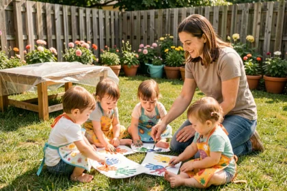 Tout-petits en crèche faisant des empreintes de mains colorées sur herbe pour la fête des mères en extérieur