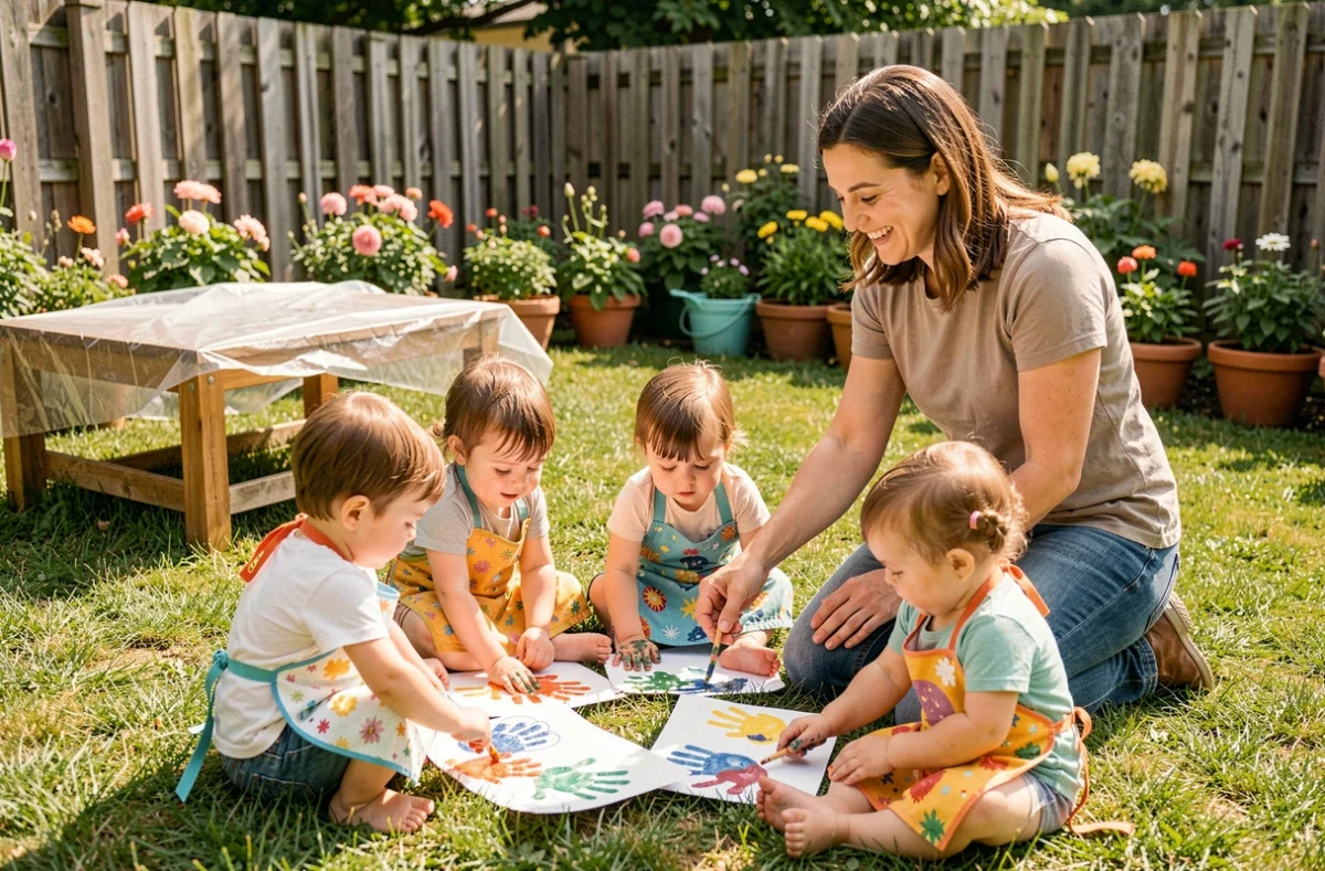 Tout-petits en crèche faisant des empreintes de mains colorées sur herbe pour la fête des mères en extérieur