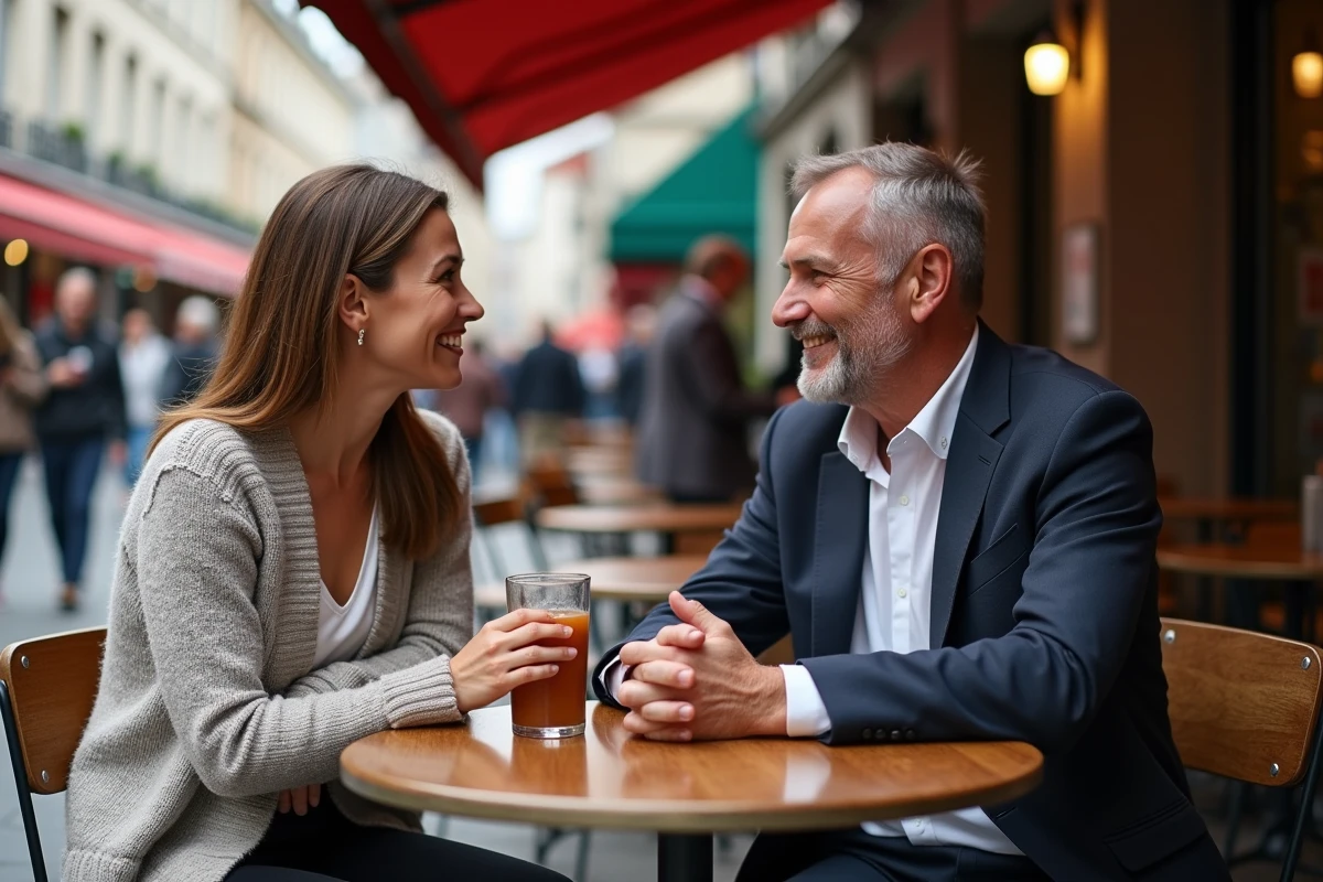 Homme et femme discutant dans un café parisien animé
