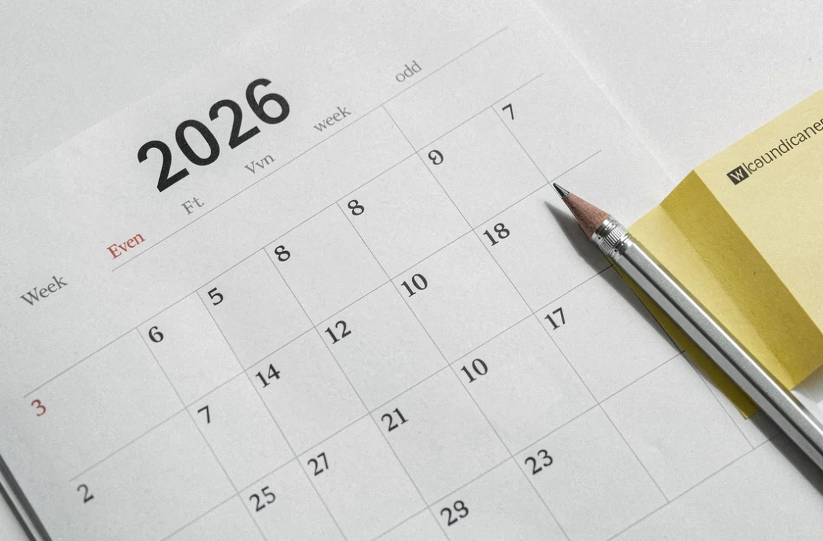 Gros plan sur les semaines paires et impaires d'un calendrier de bureau 2026 imprimé avec crayon et note autocollante