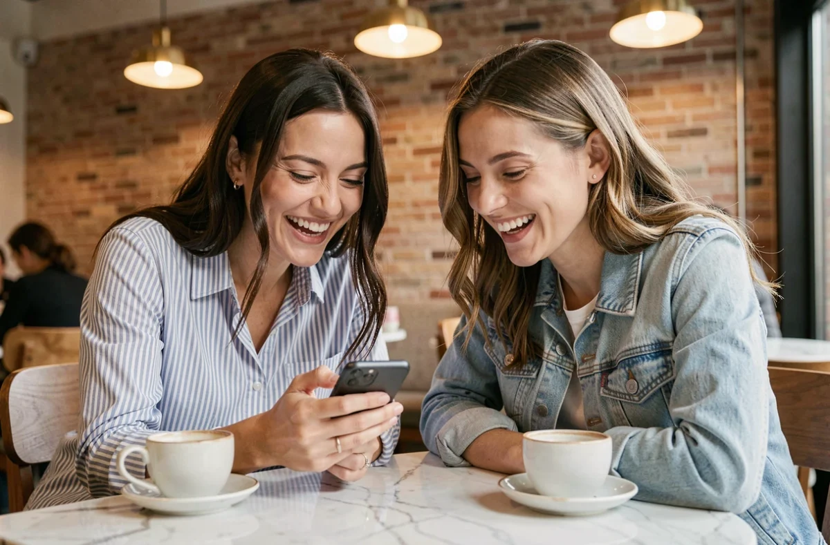 Deux amies dans un café discutant d'un message de demande de marraine sur smartphone, ambiance détendue et complice
