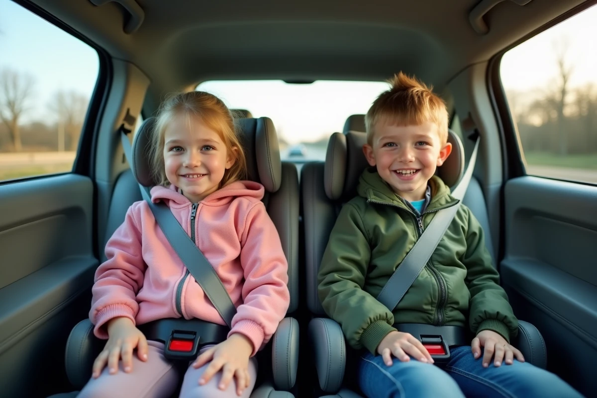 Deux enfants assis dans leurs réhausseurs respectifs avec ceintures de sécurité bien réglées en voiture familiale