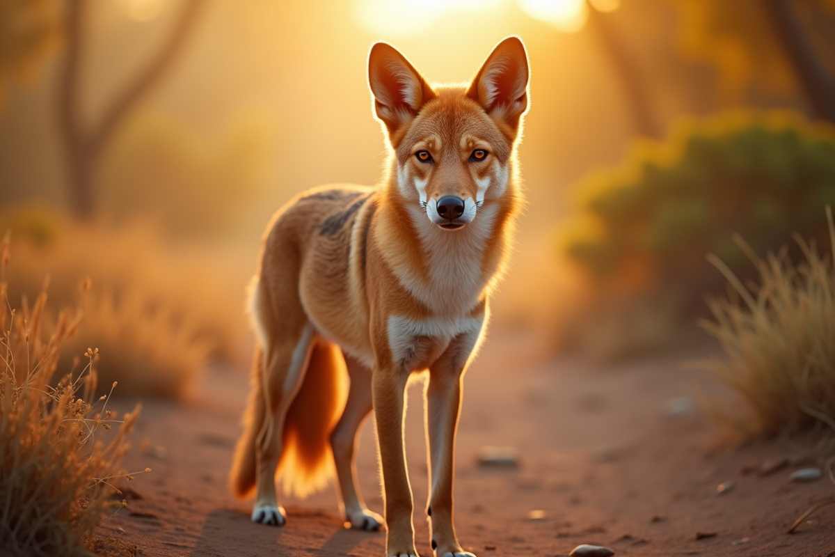 Dingo en nature australienne au lever du soleil