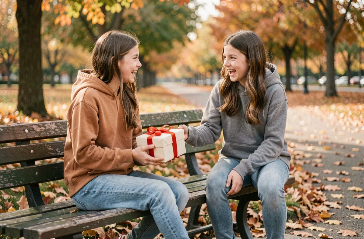 Deux jeunes filles de 12 ans échangeant un cadeau d'anniversaire sur un banc dans un parc en automne