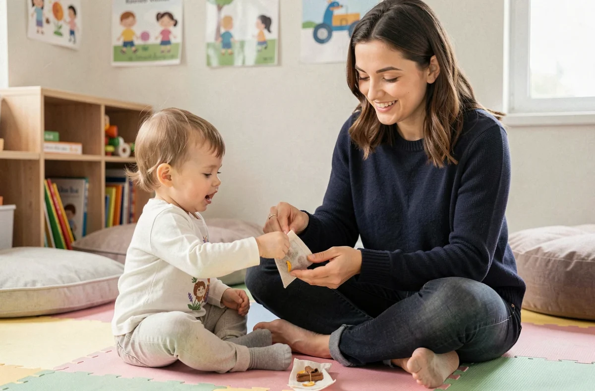 Éducatrice de crèche et bébé de 18 mois en activité olfactive avec sachets sensoriels, éveil des 5 sens en petite enfance