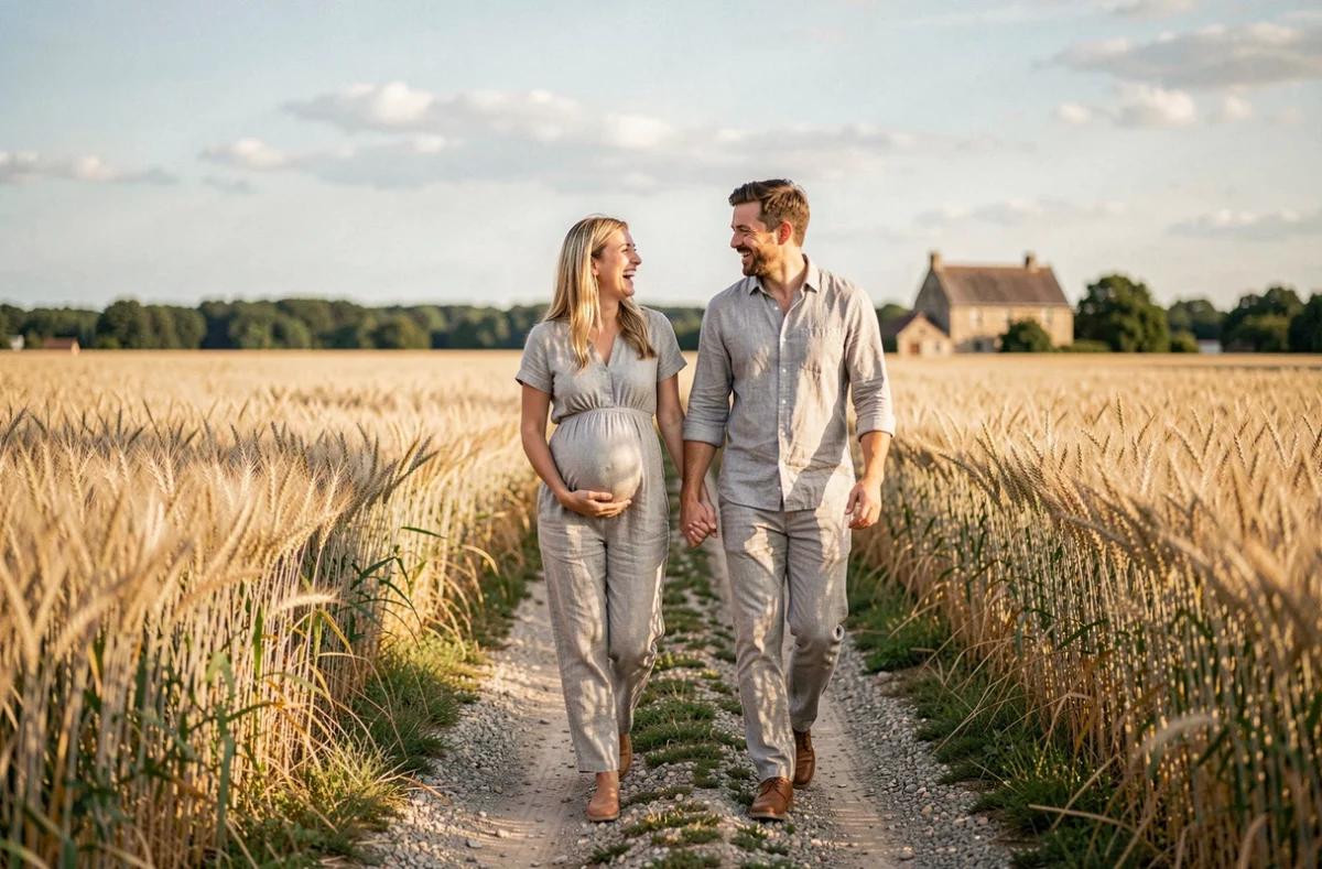 Duo de photographes Emeline et Clément, couple attendant un bébé marchant dans la campagne du Grand Est