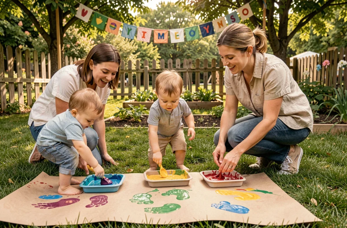 Bébés de crèche faisant des empreintes de pieds sur papier kraft dans le jardin pour la fête des mères