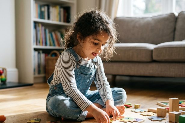 Petite fille de 5 ans concentrée sur un puzzle en bois coloré posé sur le plancher d'un salon chaleureux