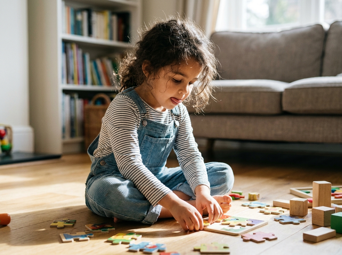 Petite fille de 5 ans concentrée sur un puzzle en bois coloré posé sur le plancher d'un salon chaleureux