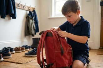 Enfant de 7 ans qui ferme son cartable rouge structuré dans l'entrée de la maison avant d'aller à l'école