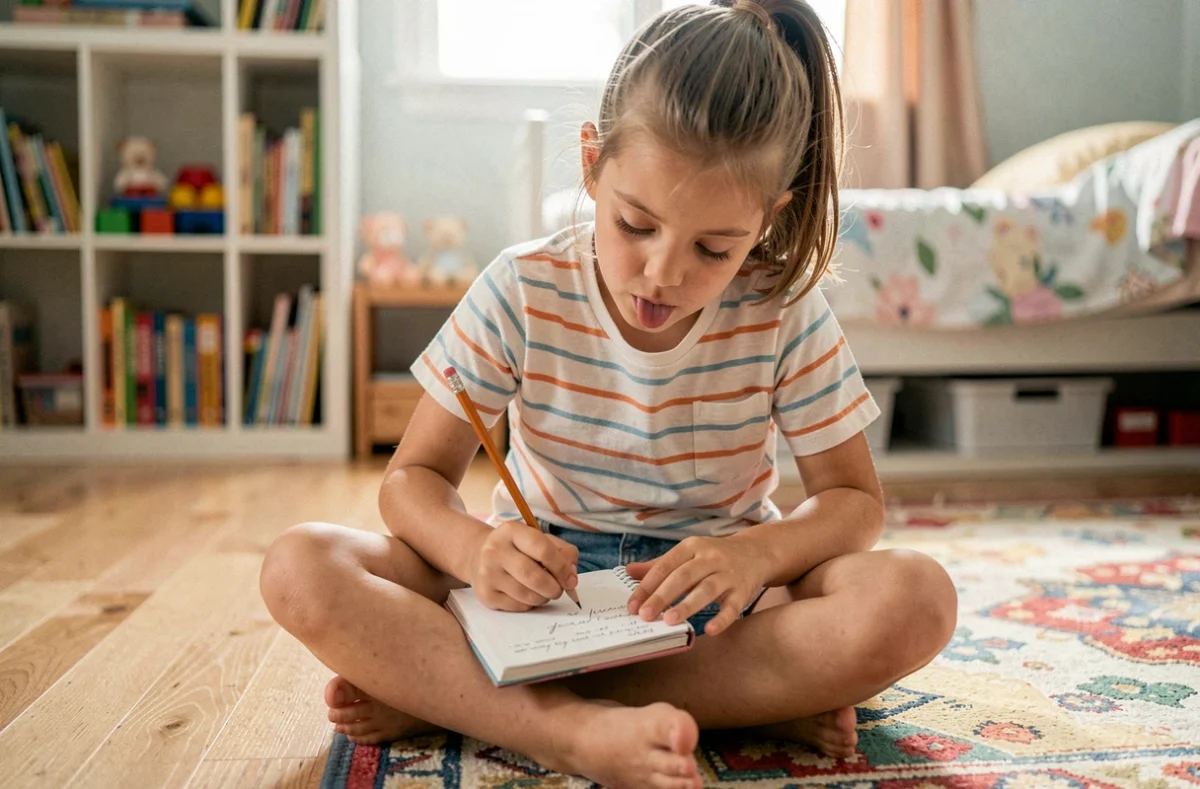Une petite fille concentrée écrit un poème pour la fête des pères dans un carnet, assise sur le sol de sa chambre avec un crayon à la main