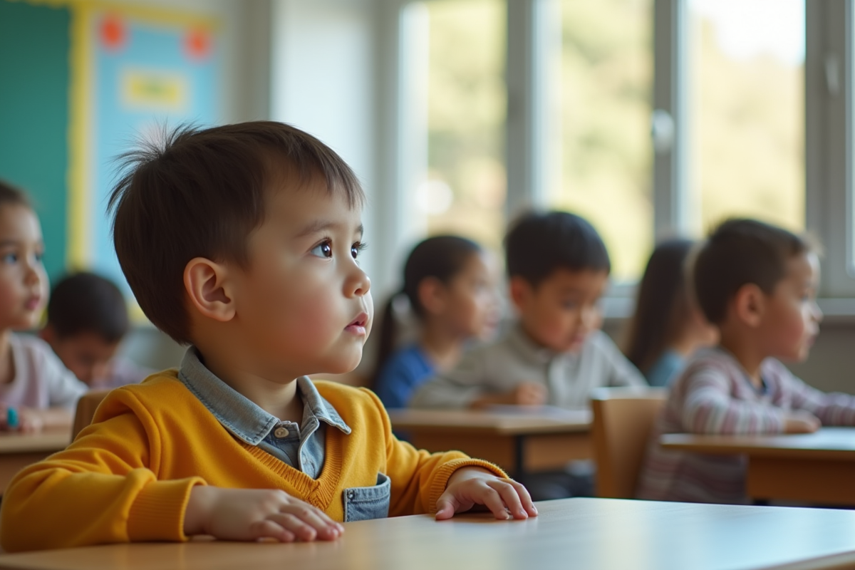 Jeune enfant seul dans une classe lumineuse
