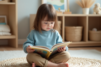 Petite fille assise sur un tapis lisant un livre
