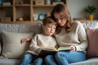 Garçon de 7 ans avec sa mère lisant un livre dans un salon chaleureux