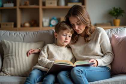 Garçon de 7 ans avec sa mère lisant un livre dans un salon chaleureux