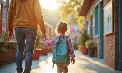 Jeune enfant avec sac à dos à l'entrée de l'école