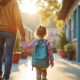 Jeune enfant avec sac à dos à l'entrée de l'école