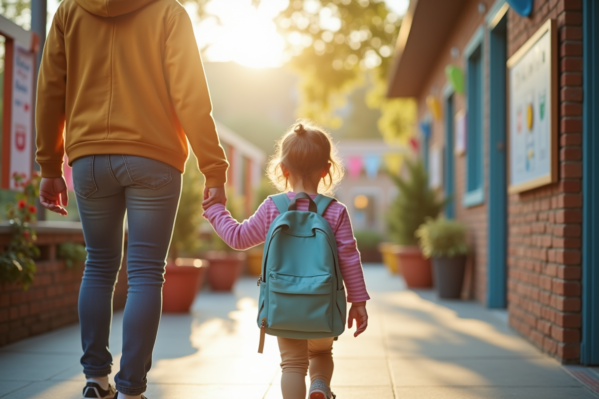Jeune enfant avec sac à dos à l'entrée de l'école