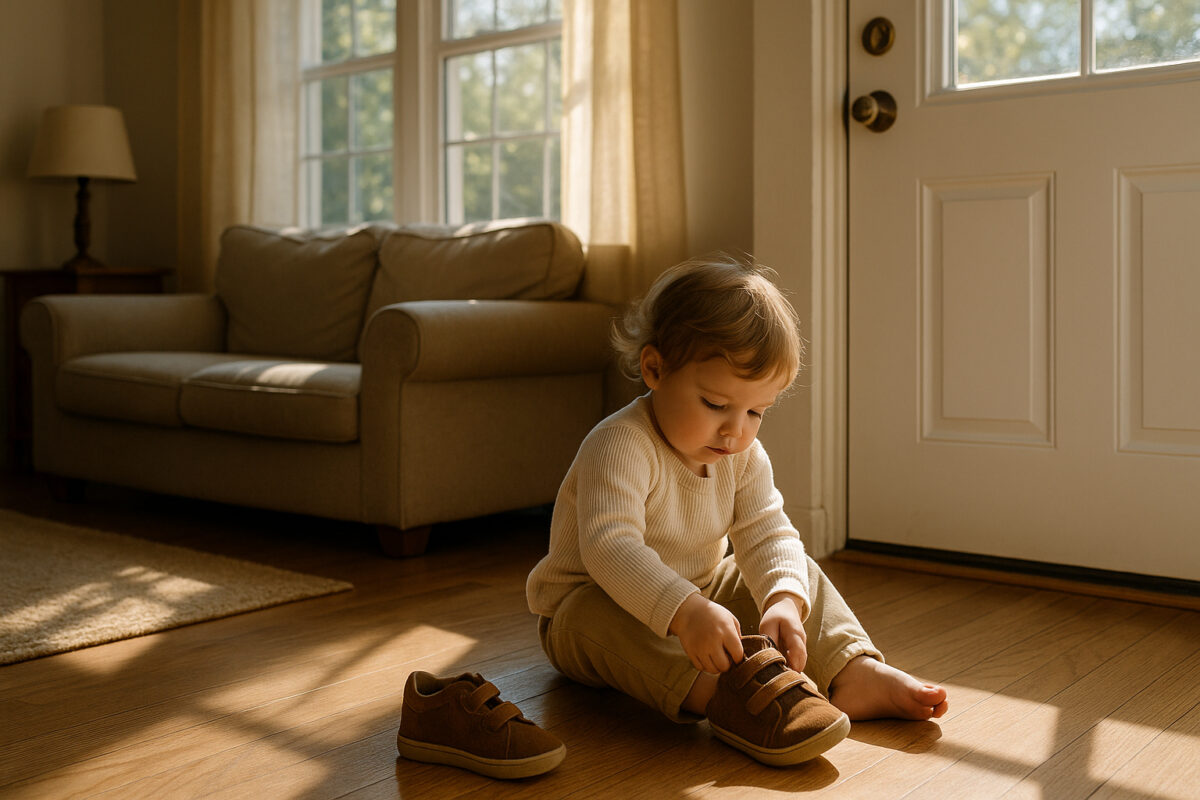 Enfant en hyperréalisme mettant ses chaussures seul devant la porte