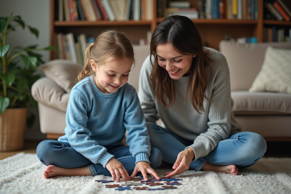 Jeune fille et sa mère assemblant un puzzle dans un salon chaleureux