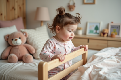 Petite fille en pyjama pastel près du lit avec barrière