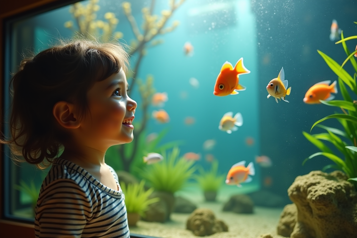Enfant souriant observant un aquarium coloré avec des poissons