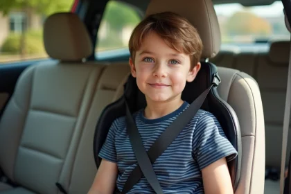 Enfant de 6 ans correctement attaché dans un réhausseur avec ceinture de sécurité bien réglée en voiture