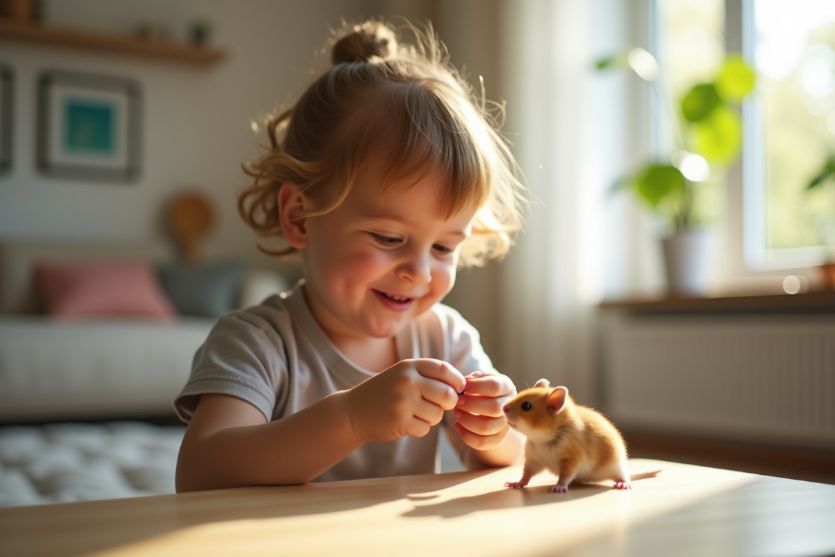 Enfant heureux donnant à manger à un hamster dans un salon lumineux