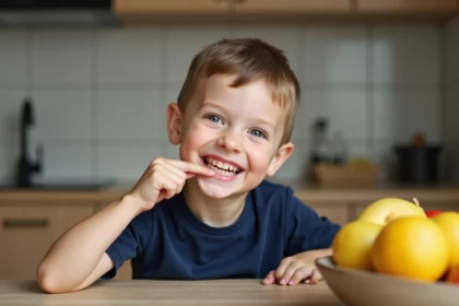 Garçon souriant montrant ses dents de devant en cuisine