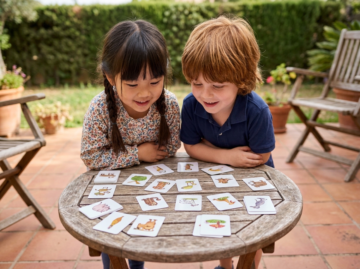 Deux enfants de 5 ans jouant ensemble à un jeu de mémoire sur une terrasse de jardin par une journée calme