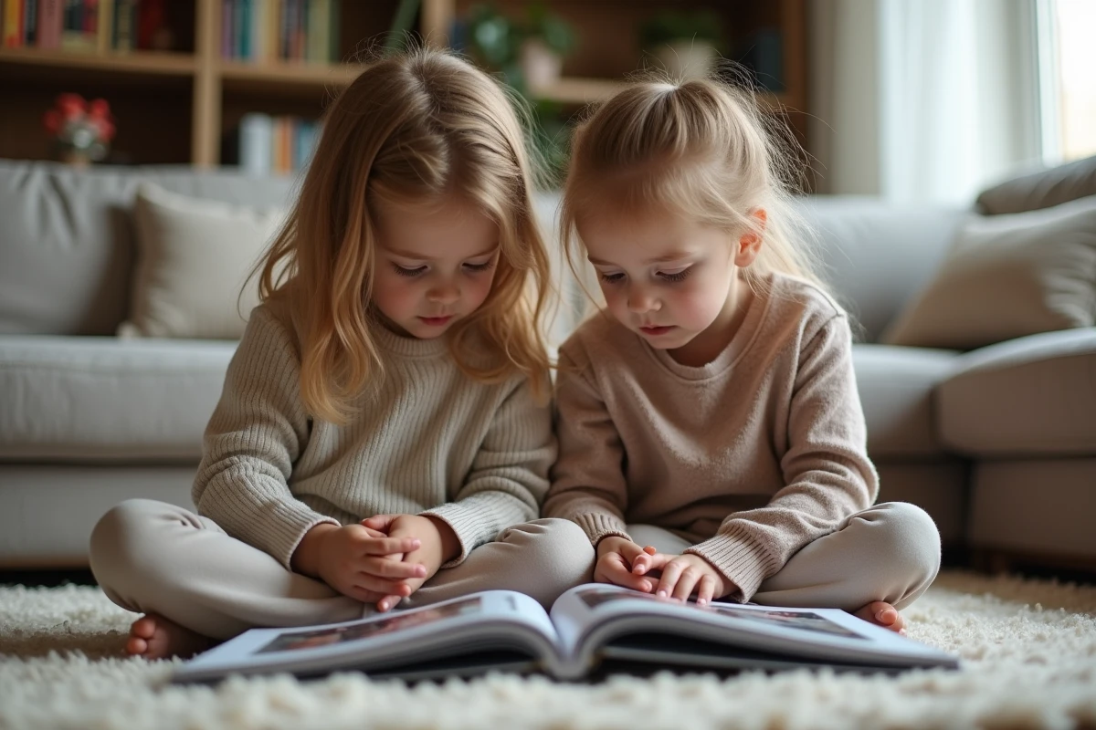 Deux enfants regardant ensemble un album photo de leur père disparu dans le salon familial