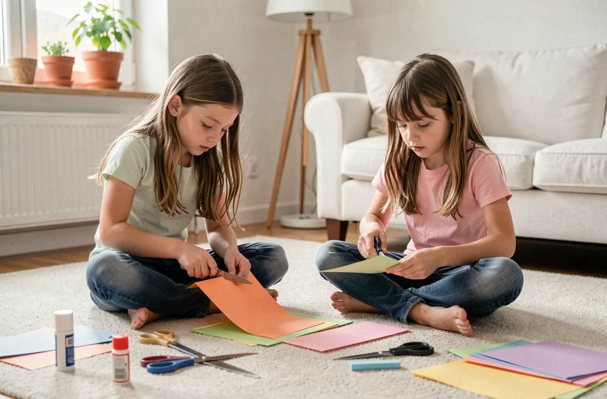 Deux fillettes fabriquant des cartes en papier coloré pour la fête des mères dans un salon familial