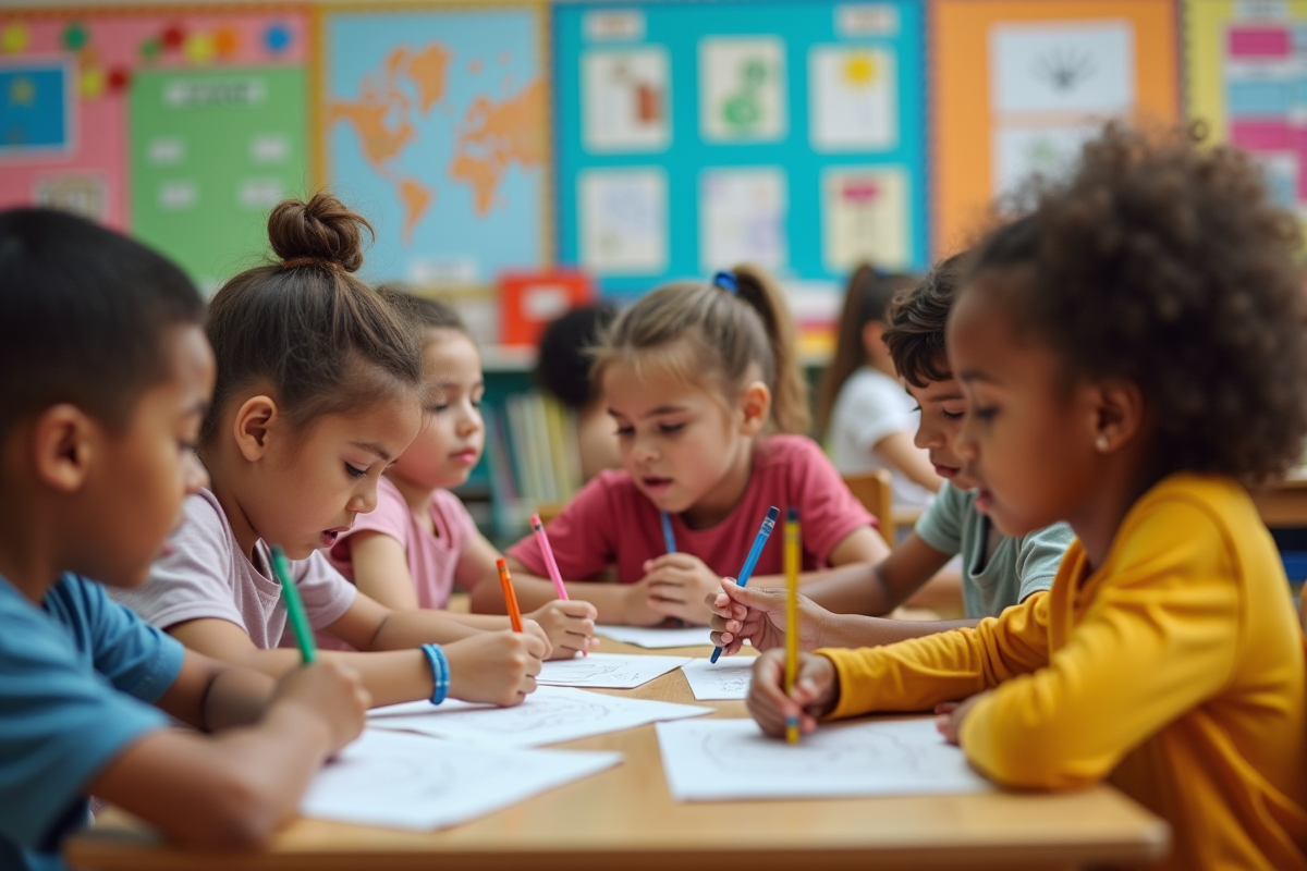 Groupe d enfants de 5 ans dessinant en classe maternelle