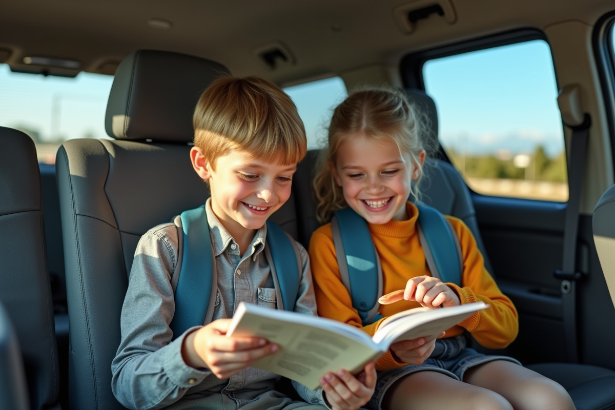 Deux enfants souriants dans la voiture en voyage