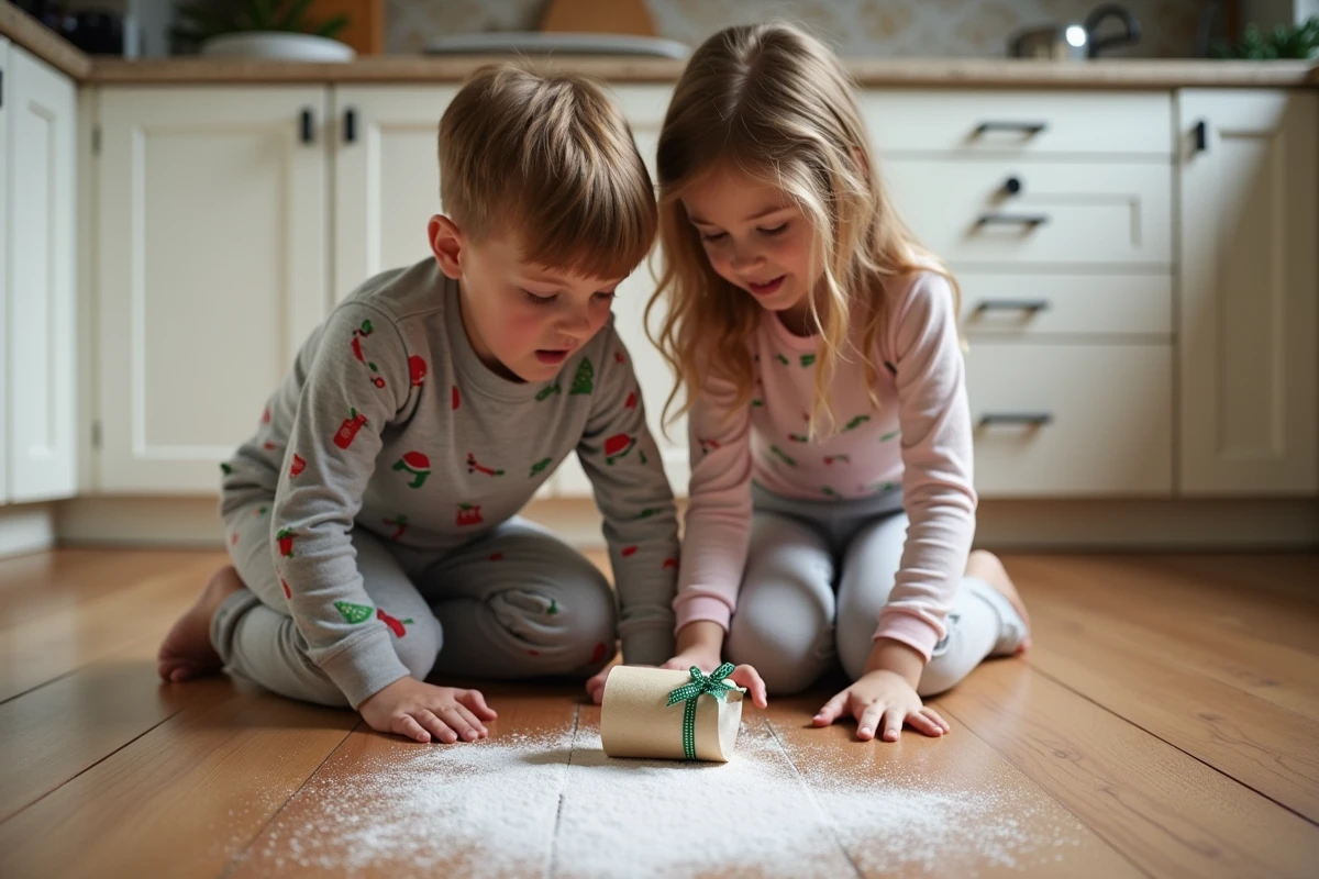 Deux enfants en pyjama découvrant une lettre de lutin farceur sur le sol de la cuisine un matin de Noël