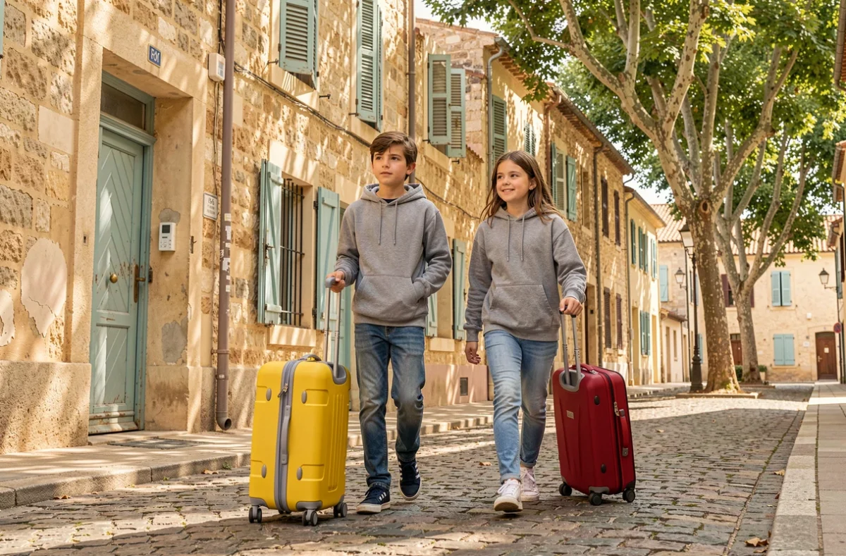 Enfants partant en vacances scolaires dans un quartier résidentiel de Montpellier avec leurs valises