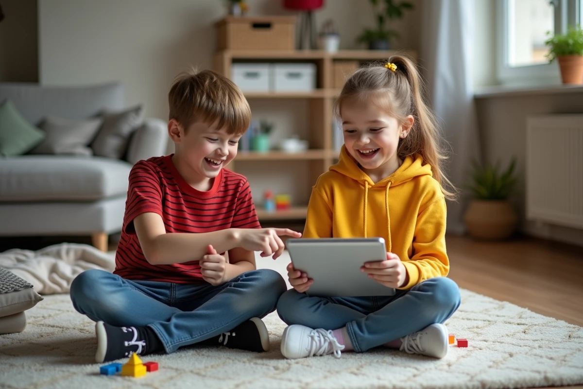Deux enfants jouant et découvrant des gages personnalisés sur une tablette dans un salon familial