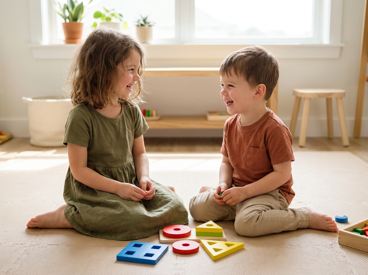 Deux enfants jouant ensemble avec des jouets éducatifs de tri de formes colorées sur un tapis de jeu