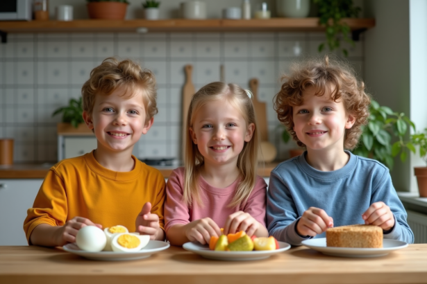 Trois enfants souriants autour d'un repas sain en cuisine