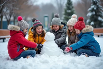 Enfants jouant dans la neige à Québec avec des manteaux colorés
