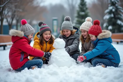 Enfants jouant dans la neige à Québec avec des manteaux colorés