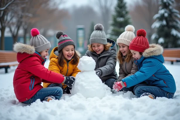 Enfants jouant dans la neige à Québec avec des manteaux colorés