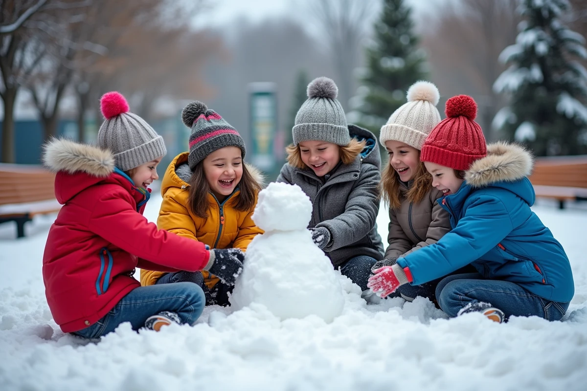Enfants jouant dans la neige à Québec avec des manteaux colorés