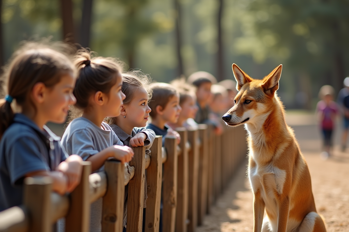 Enfants observant un dingo derrière une barrière en extérieur